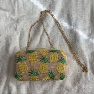 Pineapple Embroidered Clutch with Gold Chain
